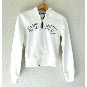 DKNY Active Women's White Black Fleece Zip Up Hoodie Embellished Logo Small Y2K